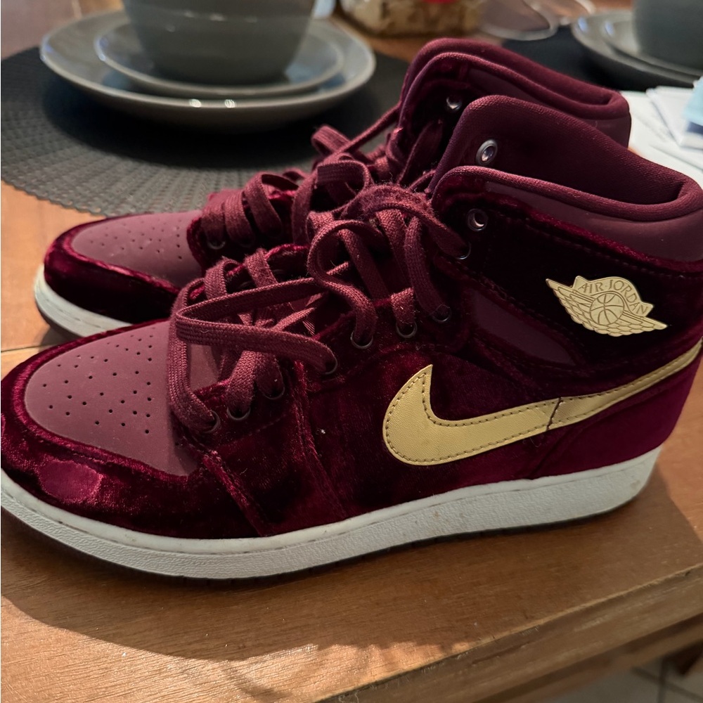 Jordan Women's Velvet Burgundy and Gold Sneakers